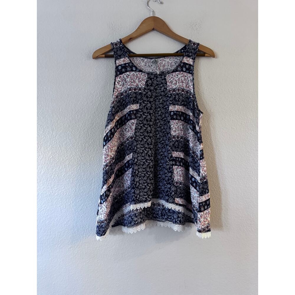 Wallflower Women's Stripe Floral Tank Blouse L Round Neck Sleeveless Lace Trim